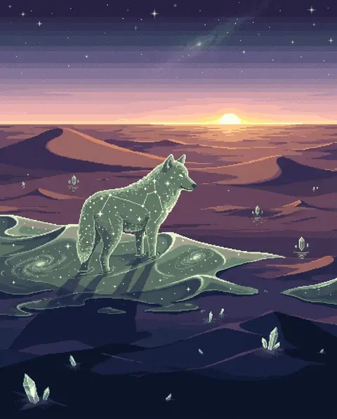 16-bit pixel art of a wolf made of constellations, standing half-submerged in tr - AI生成图片 2