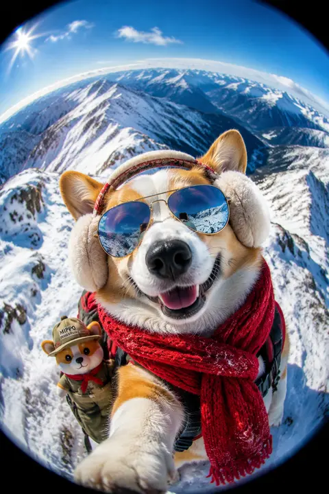 Fisheye lens selfie of a cheerful corgi grinning into the camera on a snowy ridg - AI生成图片 2