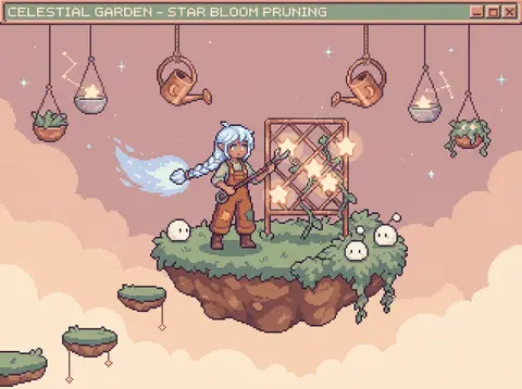 16-bit pixel art scene of a celestial gardener with comet-braid hair and oversiz - AI生成图片 2