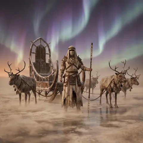 Full-body cinematic composition of a desert nomad caravan halted on a wind-scour - AI生成图片 4