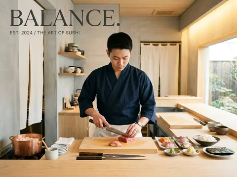 Premium editorial campaign.Main Subject: Young sushi chef inside a minimalist Ja - AI生成图片 2