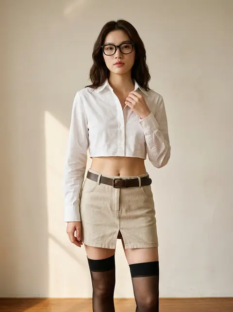 高真实感时尚棚拍人像，主角为年轻成年女性“林澈宁”，冷白肤色，纤细却富有柔和曲线，深栗褐近黑色的长款微卷发自然披肩，中分造型，佩戴一副黑曜石色厚框光学眼镜；面部 - AI生成图片 3