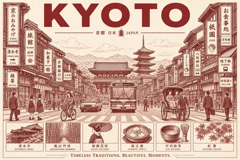 一张复古旅行海报风的京都主题插画，竖版构图，米白色纸张背景，整体采用单色酒红/棕红色线稿印刷效果，极细致的建筑描线与城市街景插画，带有老式旅游宣传画与日本观光纪 - AI生成图片 2