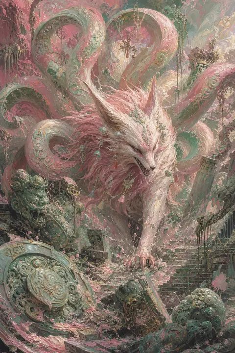 mythic nine-tailed fox spirit erupting through ancient moss-covered temple ruins - AI生成图片 2