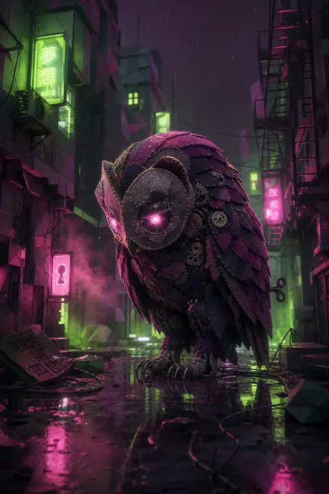 一只钟表机关猫头鹰伫立在狭窄潮湿的旧城后巷，细雨刚停，地面铺满反光水洼与断裂排水沟，整只躯体并非金属冷硬，而是由缝线清晰的柔软毛毡包覆，羽片像手工裁切的 fel - AI生成图片 2