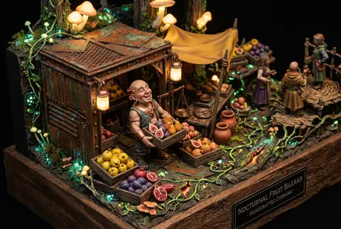 Ultra-detailed isometric miniature scene of a jubilant fruit vendor in a glowing - AI生成图片 3
