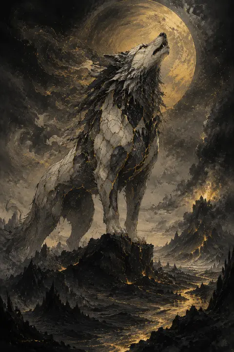 a colossal celestial wolf forged from fractured porcelain, its body mapped by gl - AI生成图片 3
