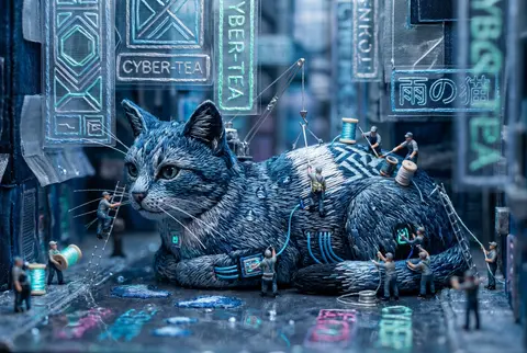 A bustling tea-house cat poised beneath towering holographic signboards in a rai - AI生成图片 3