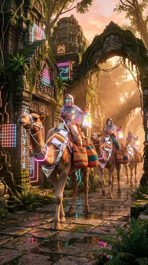 A sun-washed caravan of chrome-framed camels and woven saddlebags glides through - AI生成图片 3