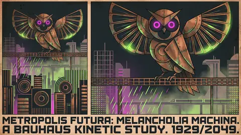 A melancholic clockwork owl poised on a rain-slick transit gantry high above a v - AI生成图片 2