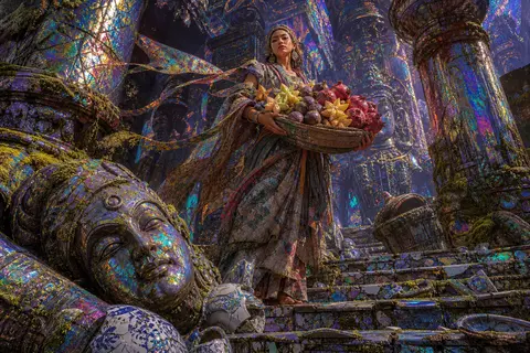 A monumental holographic foil print of a market fruit vendor in ancient moss-cov - AI生成图片 1