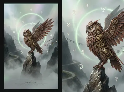 Vertical 9:16 poster, a clockwork owl poised on a jagged marker stone in a fog-s - AI生成图片 2