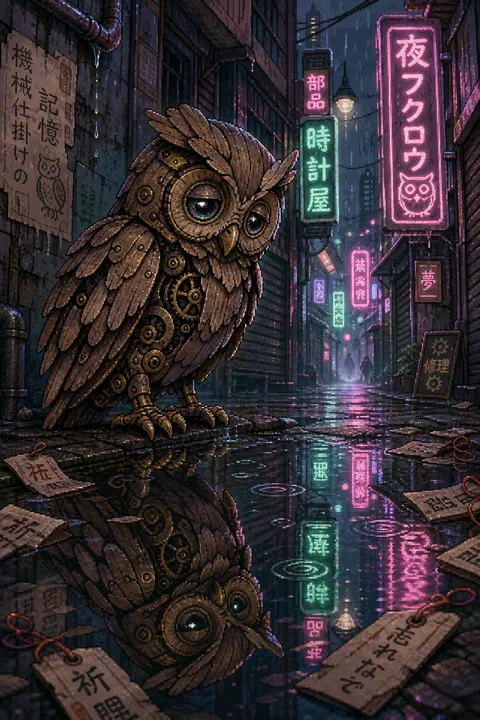 A solitary clockwork owl assembled from weathered driftwood and tarnished brass - AI生成图片 1