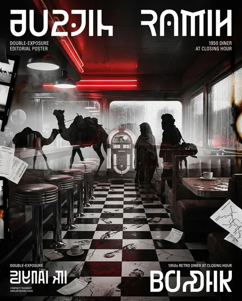 double-exposure editorial poster, a desert nomad caravan drifting through the ai - AI生成图片 3