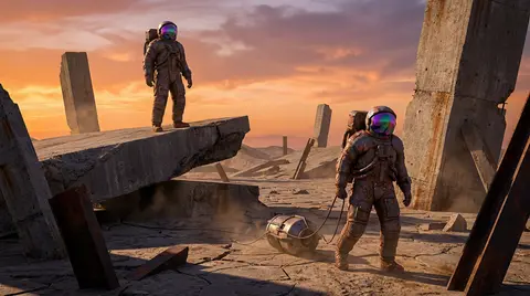 Two twin astronaut explorers stride across a colossal dawn desert of shattered m - AI生成图片 3