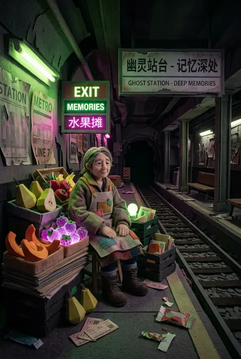 废弃地铁站台深处，一位水果摊贩独自守着临时拼成的小摊，层层叠叠的纸雕剧场构图，所有形体仿佛由柔软毛毡与切割纸片共同搭建而成；荧光酸性绿色与高饱和洋红作为主导配色 - AI生成图片 3