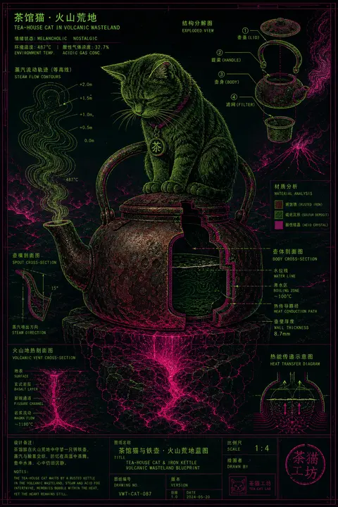 我先把原意抽象成“腾空中的速度感和力量感”，然后彻底换成你指定的茶馆猫、火山荒地、蓝图线稿和酸性霓绿/洋红配色，避免任何原始街拍元素残留。melancholic - AI生成图片 2