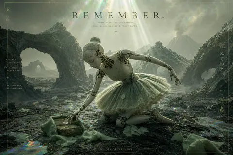 A solitary robotic ballet dancer pauses in a vast volcanic wasteland, surrounded - AI生成图片 2