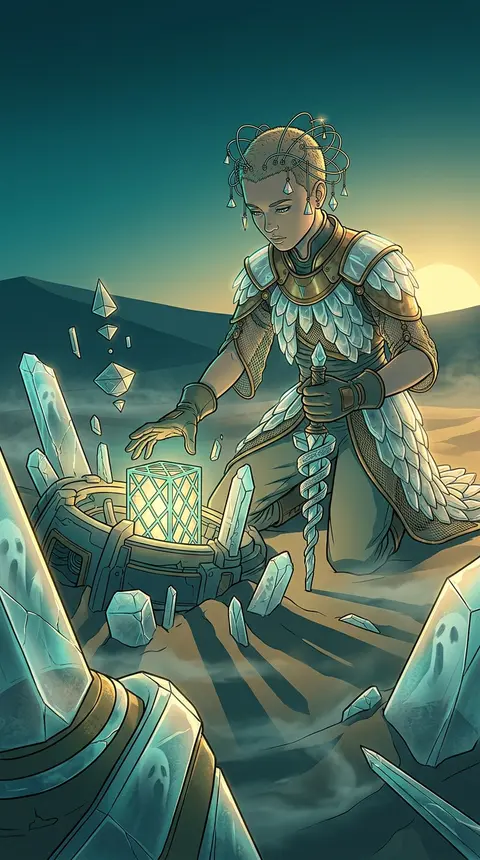 A young desert inventor kneels beside a half-buried machine altar at first light - AI生成图片 2