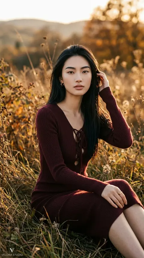 电影感超写实人像摄影，竖构图，半身至大腿取景：年轻成年女性“林昭棠”坐在户外荒草地间，冷白通透的肤色，面部轮廓精致立体，浓眉清晰，微微上挑的杏眼直视镜头，裸调饱 - AI生成图片 1
