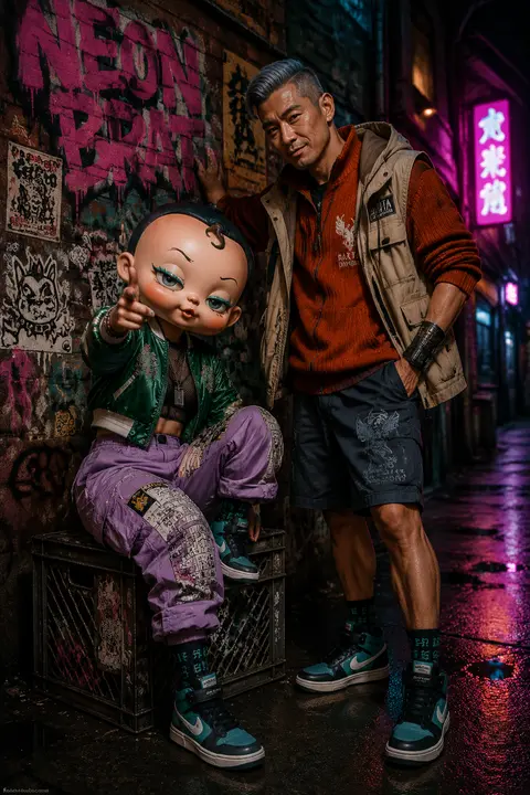 A cinematic street-fashion portrait in a rain-damp service lane at night, framed - AI生成图片 1