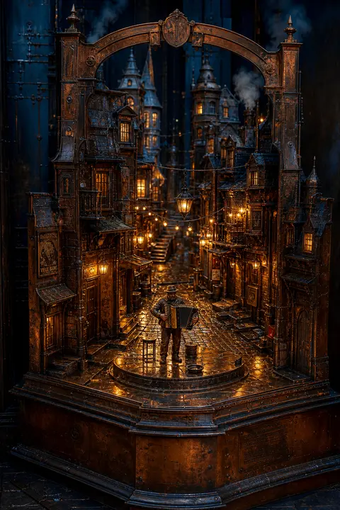 Isometric miniature scene of a wandering street musician playing a dented brass - AI生成图片 2