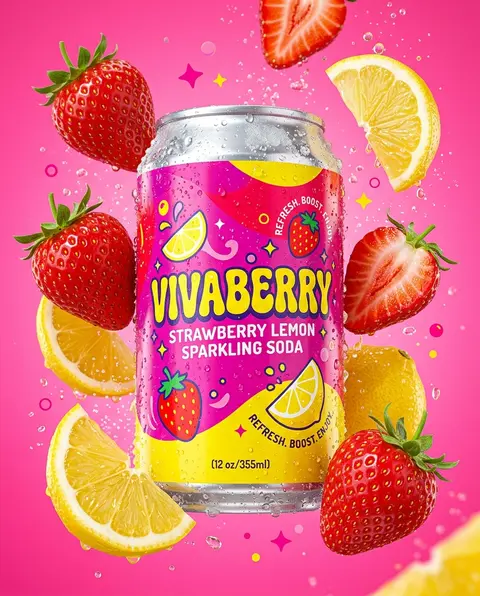 Ultra vibrant VivaBerry Strawberry Lemon sparkling soda hero shot, hot pink seam - AI生成图片 3