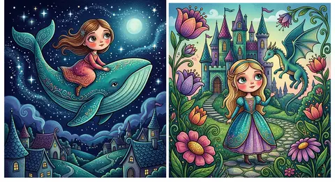 Two whimsical folk-art illustrations in a modern fairy-tale aesthetic, rendered - AI生成图片 2