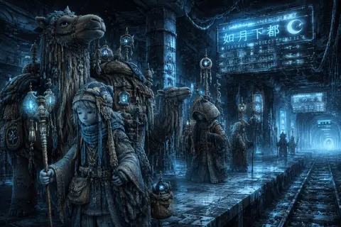 A sorrow-soaked caravan of fictional desert wanderers pauses on a long-abandoned - AI生成图片 3