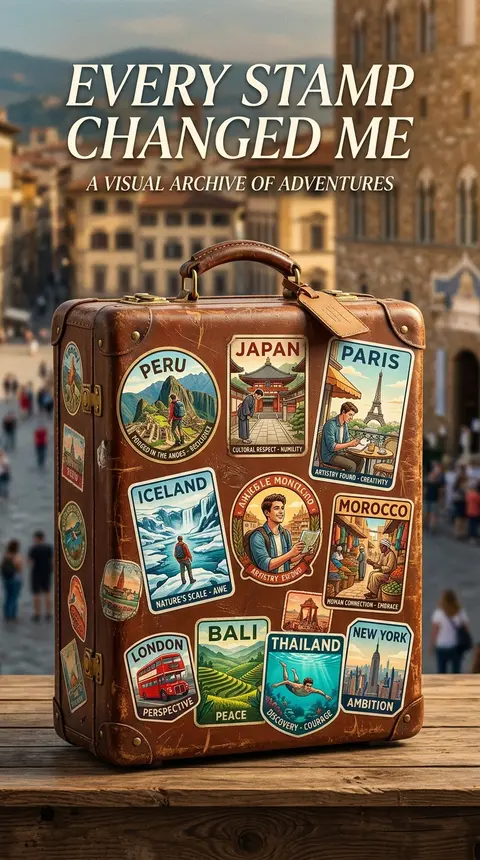 A premium 9:16 travel advertising poster.Main Subject: A luxury suitcase covered - AI生成图片 4