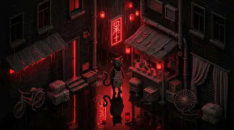 超宽幅21:7等距微缩场景海报，一条被暴雨反复冲刷的狭窄后巷宛如秘密祭坛，整体以极致高反差黑色与血红色构成，几乎无中间色；画面中央是一只经营深夜茶寮的玄色猫掌柜 - AI生成图片 3
