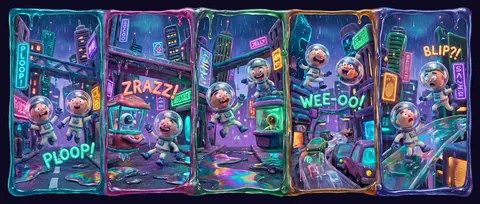 Full-page 9:16 claymation stop-motion comic tableau set in a rain-drenched neon - AI生成图片 3