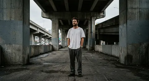 A moody urban portrait of a solitary drifter standing beneath a desolate concret - AI生成图片 3