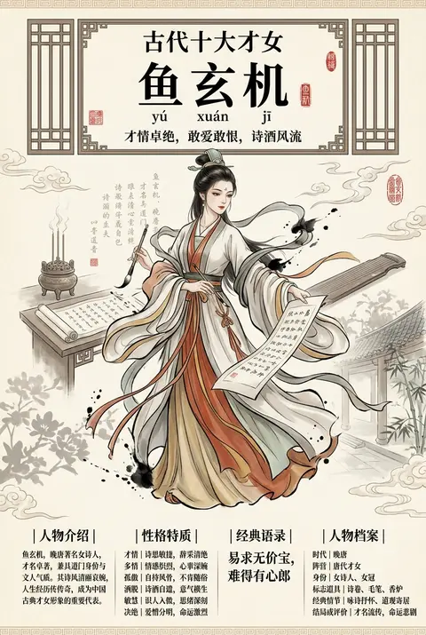 一张竖版 3:4、4K 超清的高端国风信息海报，主题人物为【鱼玄机】，整体为收藏级中国古典人物设定海报。画面采用中国水墨、淡彩工笔、宣纸肌理、传统中式纹样与现代 - AI生成图片 4