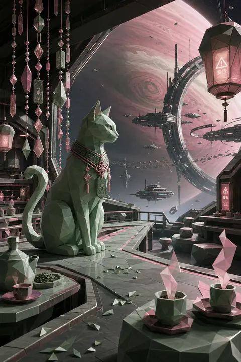 Vertical cinematic composition, a low-poly 3D render set inside a sprawling orbi - AI生成图片 2