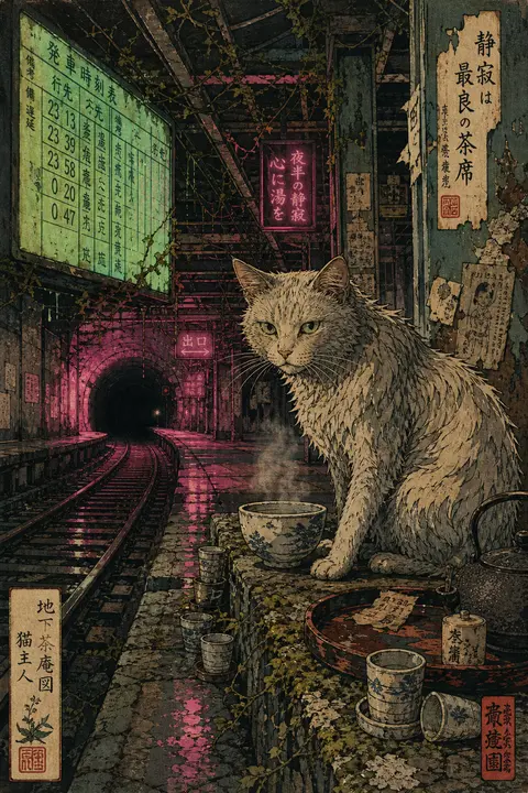 tea-house cat pausing in a hush of private ritual on an abandoned subway platfor - AI生成图片 1