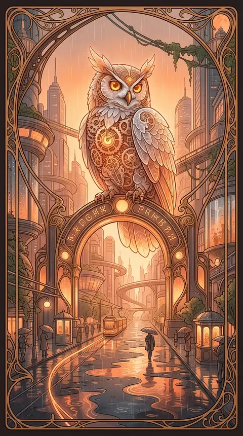 A jubilant clockwork owl towers at the center of a rain-slick neon megacity boul - AI生成图片 4