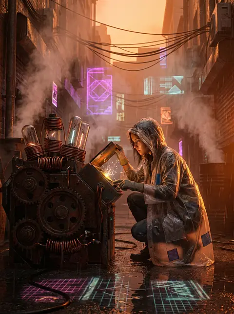 A teenage salvage-engineer in a patched translucent rain cape crouches beside a - AI生成图片 1