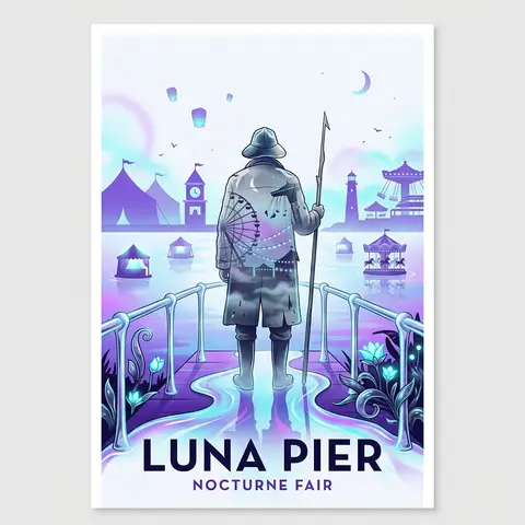 复古旅行海报风格插画，主题改为“LUNA PIER, NOCTURNE FAIR”，竖版构图，画面极简而空灵，结合中世纪现代海报版式与双重曝光摄影质感，四周大面 - AI生成图片 3