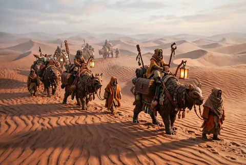 A mysterious desert nomad caravan assembled from lacquered wood, winding across - AI生成图片 1