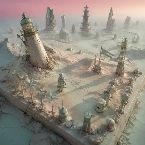 An eerie isometric miniature diorama of a solitary lighthouse keeper wandering a - AI生成图片 2