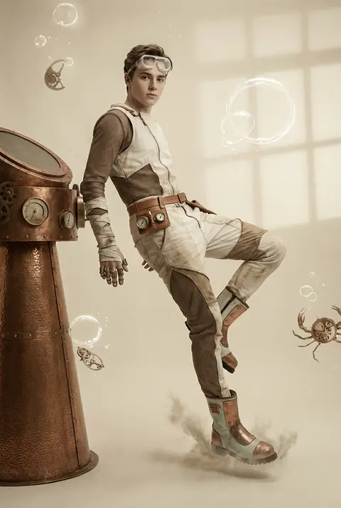 full-body fashion portrait of a youthful inventor adrift in a silent ocean trenc - AI生成图片 1