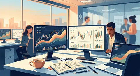 Editorial illustration of a financial news desk with multiple monitors displayin - AI生成图片 1