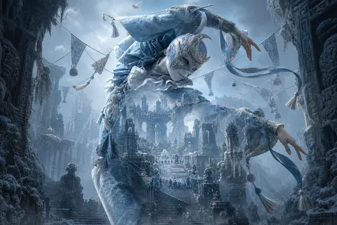A masked carnival acrobat rises like a myth from ancient temple ruins swallowed - AI生成图片 1