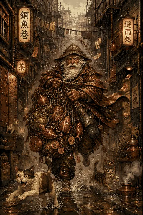 Vertical 16-bit pixel art tableau of an elderly fisherman bursting through a rai - AI生成图片 1
