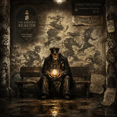 Vertical 9:16 poster, a solitary lighthouse keeper seated on a cracked bench at - AI生成图片 2