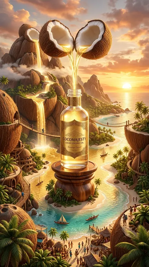 Epic surreal advertising artwork showcasing a luxurious coconut oil bottle as th - AI生成图片 1