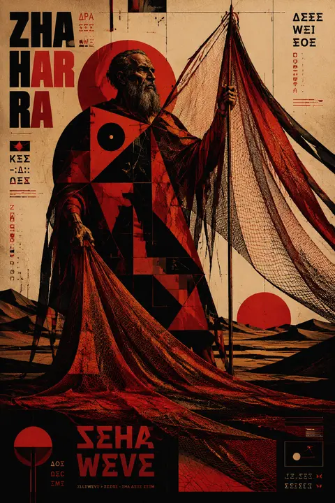 纵向构图的纪念碑式包豪斯海报，一位皱纹如河床的年迈渔夫伫立在黎明荒漠中央，身形被切割为宏大的圆形、三角形、阶梯矩形与放射线模块，仿佛古老旗帜与航海图腾的结合体； - AI生成图片 1