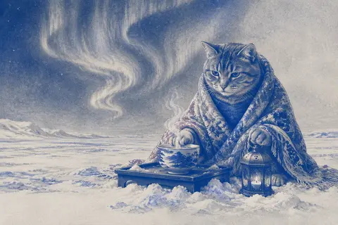 A quiet tea-house cat wrapped in a woven silk shoulder mantle, seated beside a t - AI生成图片 1