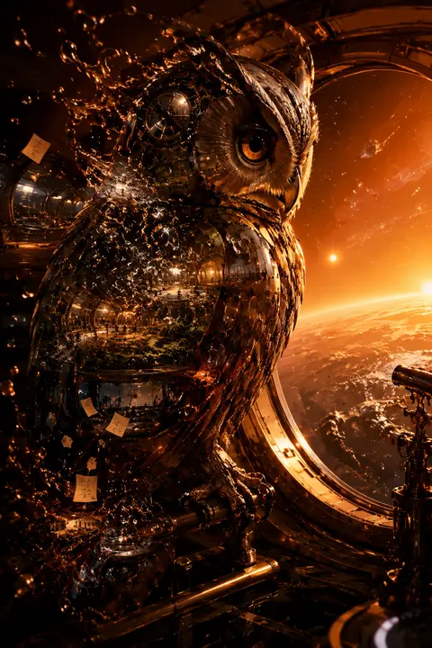 A double-exposure photography composition of a solitary clockwork owl perched be - AI生成图片 2